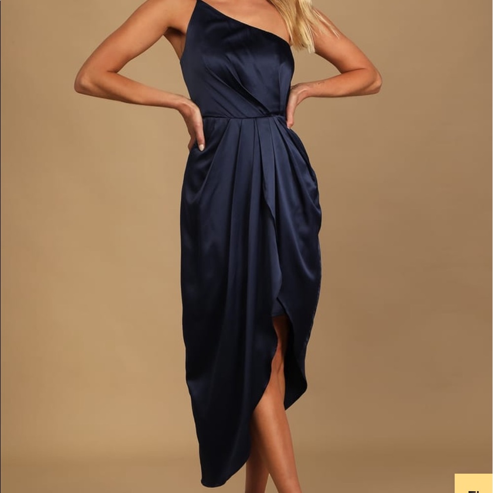Lulus law of attraction navy blue asymmetrical midi dress